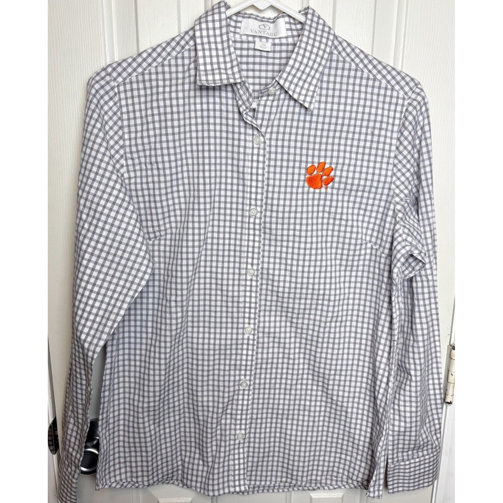 Antigua Men's Gray Plaid Embroidered Clemson Tigers Long Sleeve Button Up Small